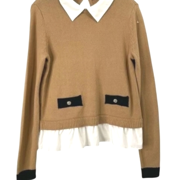 NEW! ANN TAYLOR LOFT Camel Poplin Layered Mix Media Sweater. - Picture 4 of 5